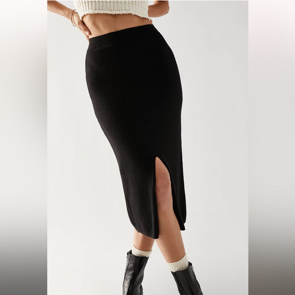 (S) Free People Skyline Midi Skirt Black Ribbed High Waist Small Knit Business